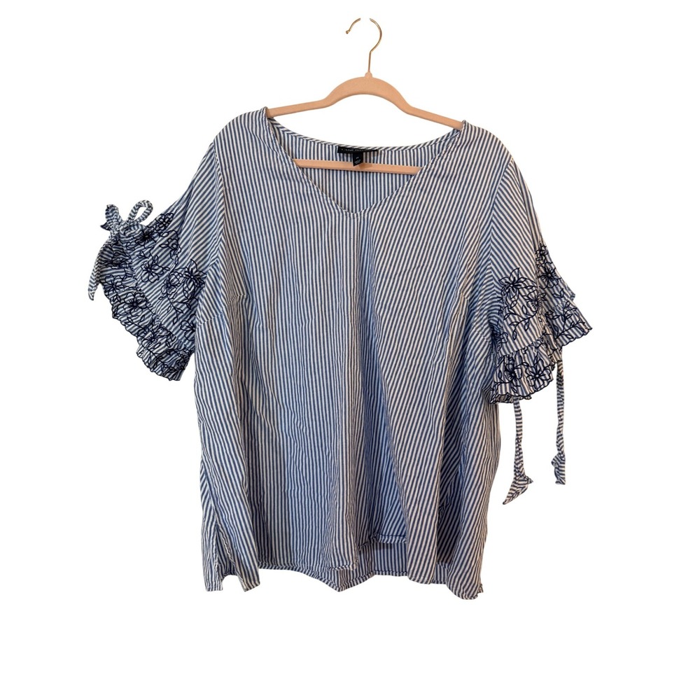 Lane Bryant Women Blouse Blue Striped Floral Embroidered Ruffle Sleeve Size 20